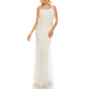 ADRIANNA PAPELL IVORY ILLUSION SHEATH GOWN WITH HEAVILY BEADED BODICE09189219